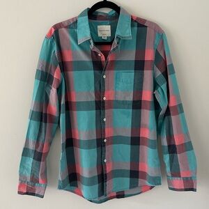 American Eagle Outfitters Men's Plaid Shirt - Teal, Coral, and Charcoal